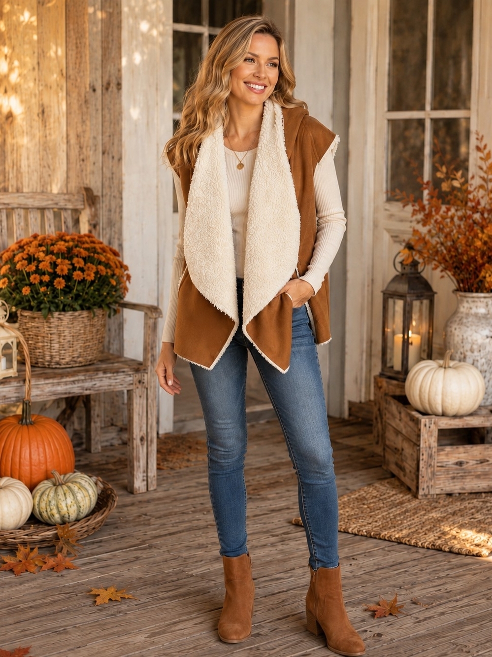 RD Style Faux Suede & Sherpa Draped Vest Size S Western Boho